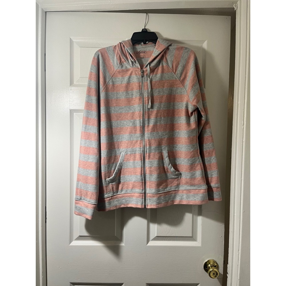Style & Co Sport Women XL Gray Coral Pink Striped Full Zip Hoodie Sweatshirt